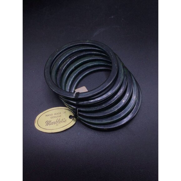 Vintage Bakelite Bangles Dark Green Swirled Genuine Marbled New Old Stock w Tag - Picture 5 of 6